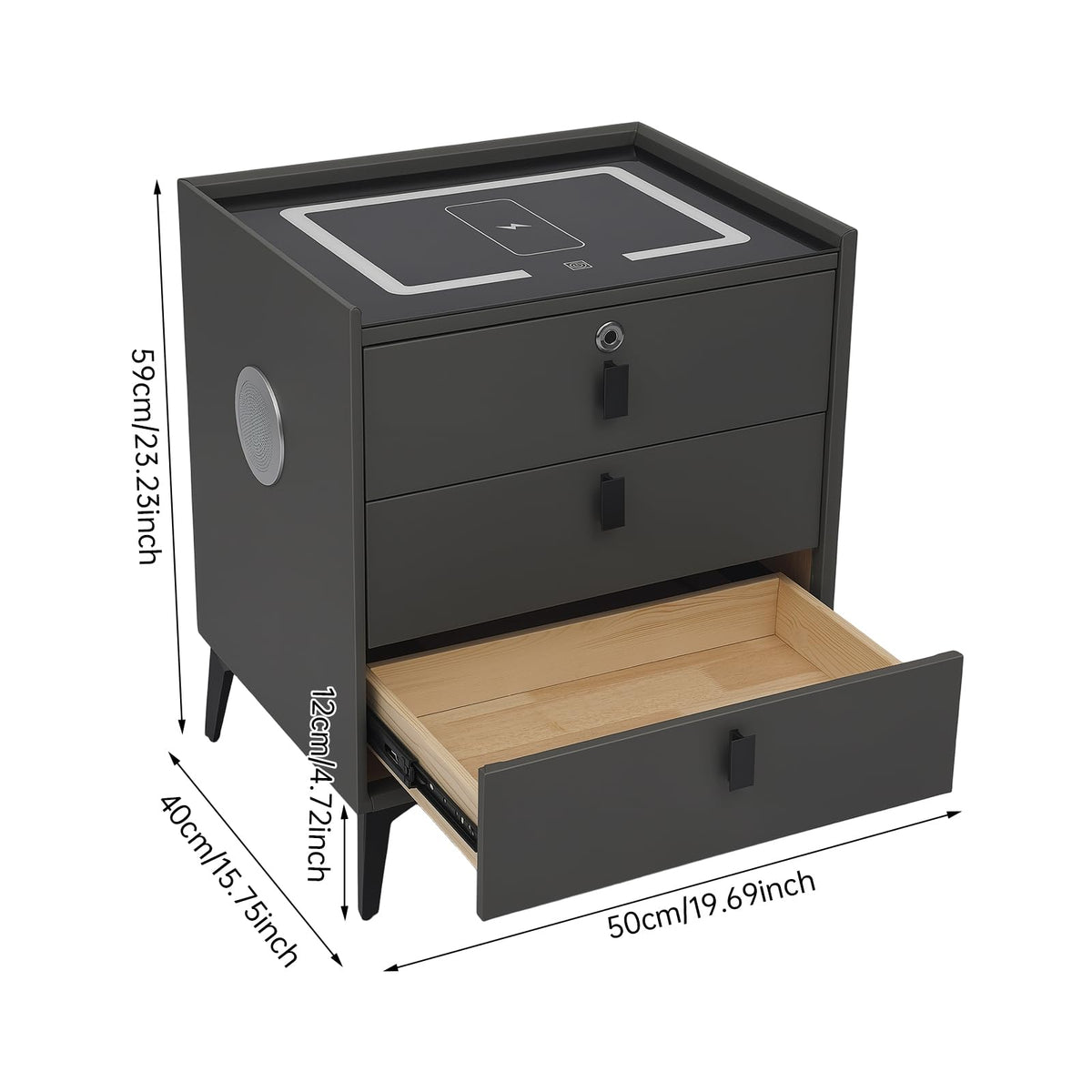 Fingerprint Lock Nightstand with USB & Wireless Charging and 3 Drawers H7551