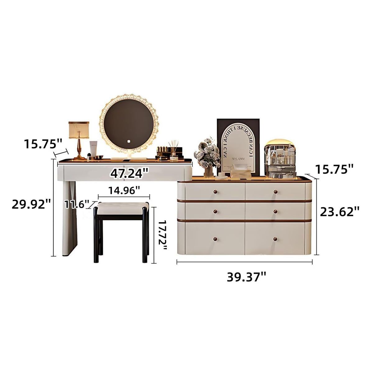 Leather Makeup Vanity with Tempered Glass Top & LED Light J245162