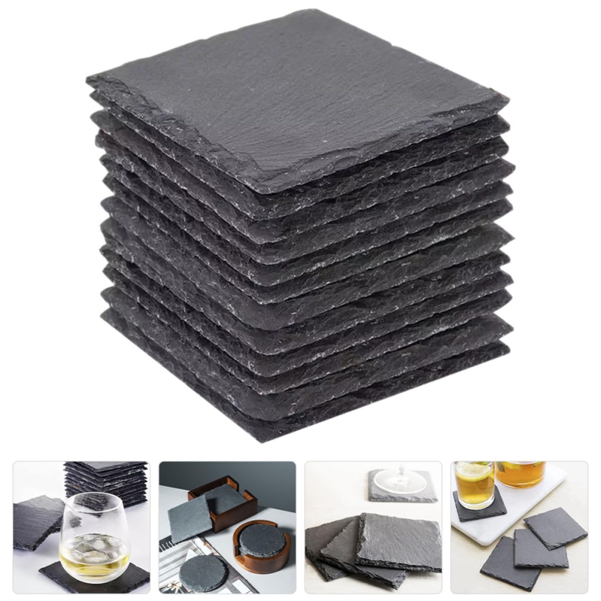 Black 12pcs Natural Stone Coaster Set O59217