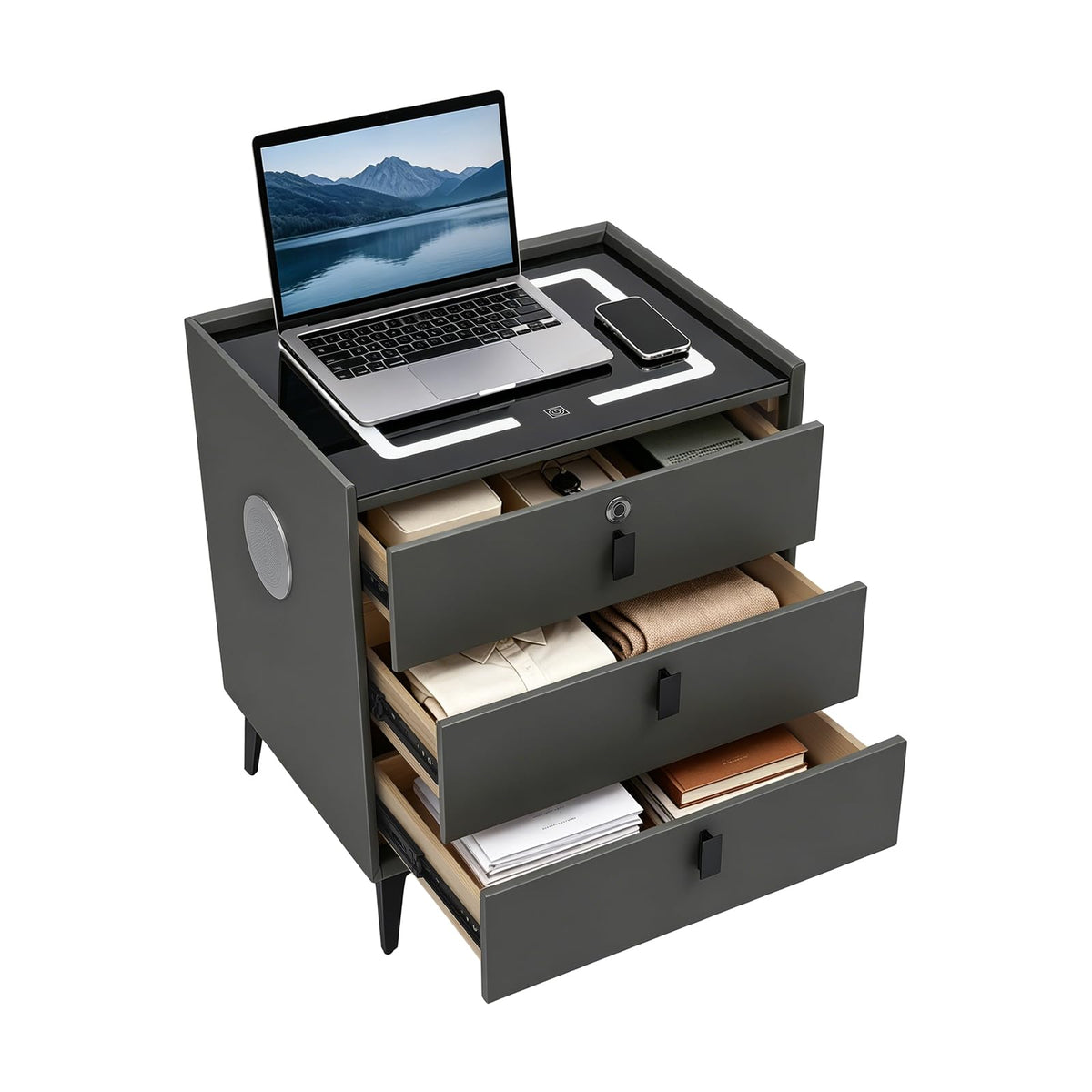 Fingerprint Lock Nightstand with USB & Wireless Charging and 3 Drawers H7551