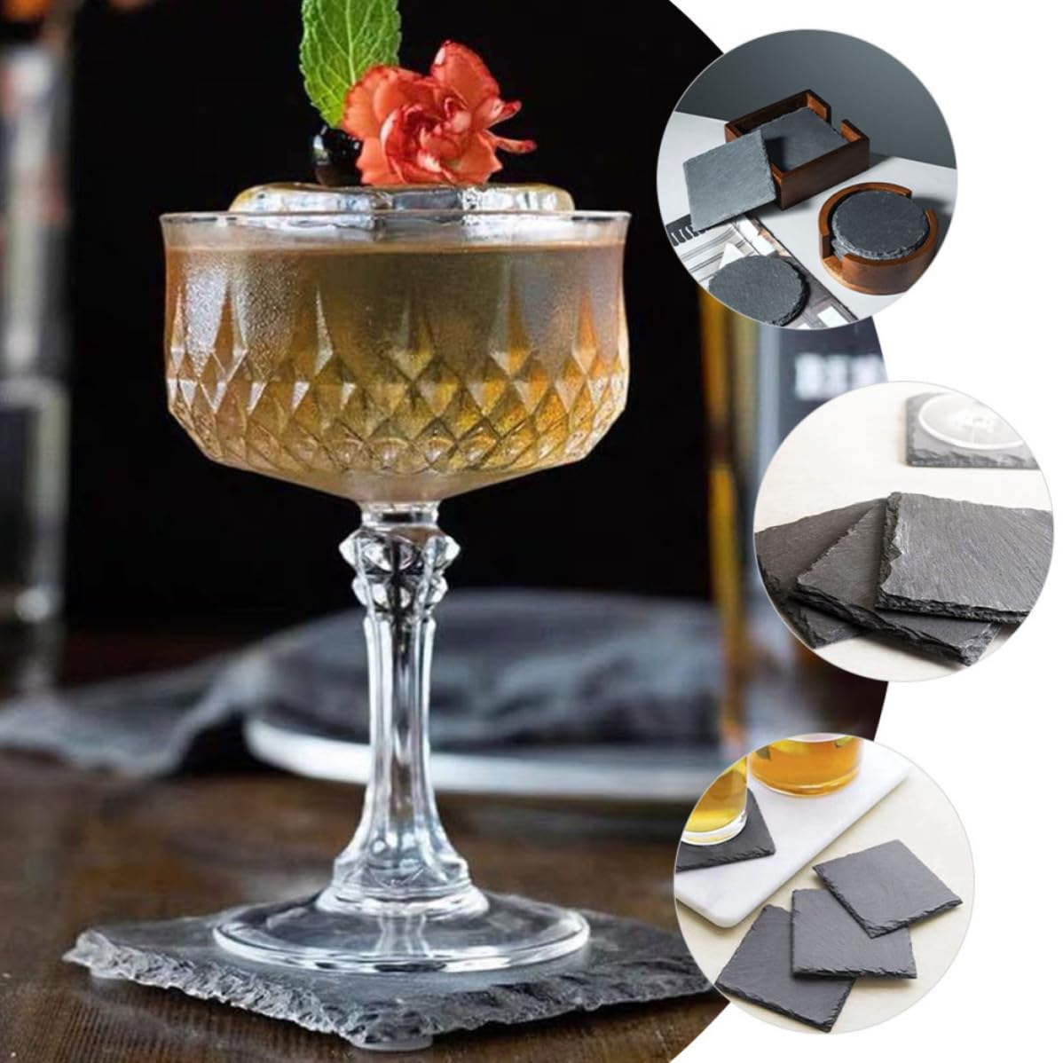 Black 12pcs Natural Stone Coaster Set O59217