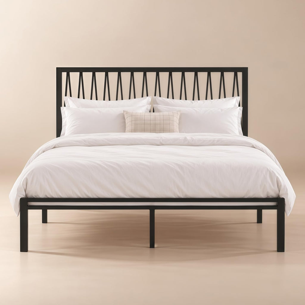 Black Metal Queen Bed Frame with Geometric Headboard H79191
