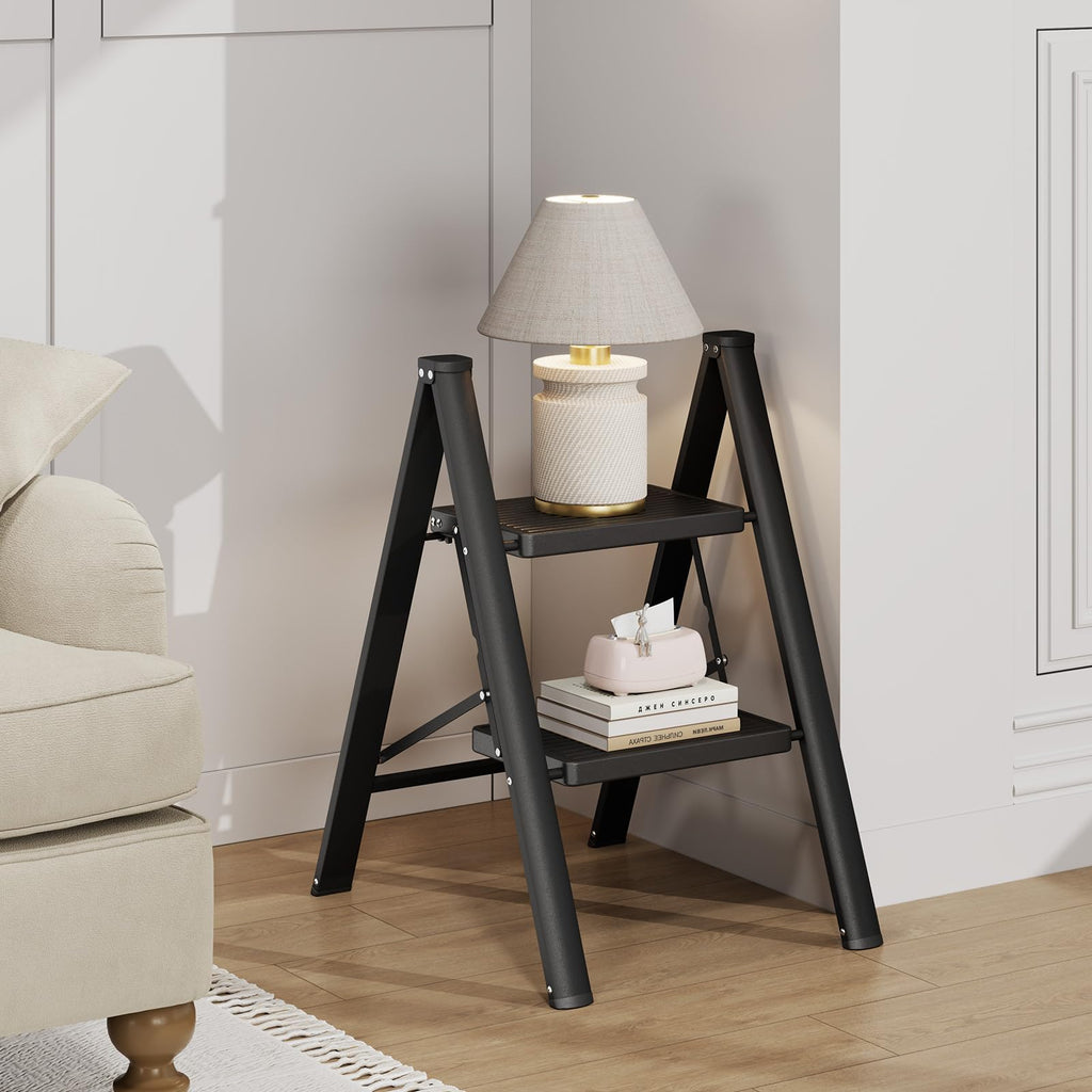 2 Step Folding Ladder with Non-Slip Wide Pedals and Safety Lock, Black O604