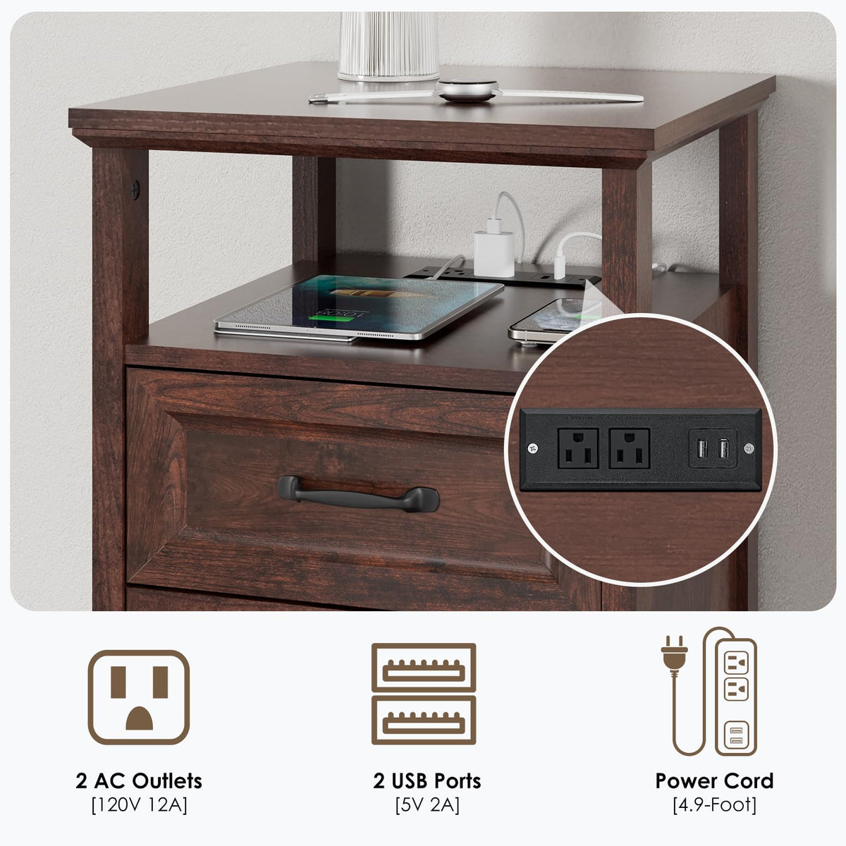 18'' Wood Nightstand with Charging Station E4000