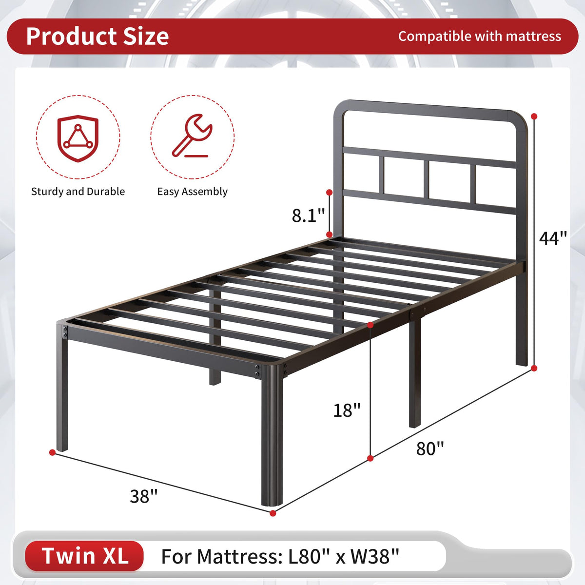 18 Inch Twin XL Black Metal Bed Frame with Headboard J212