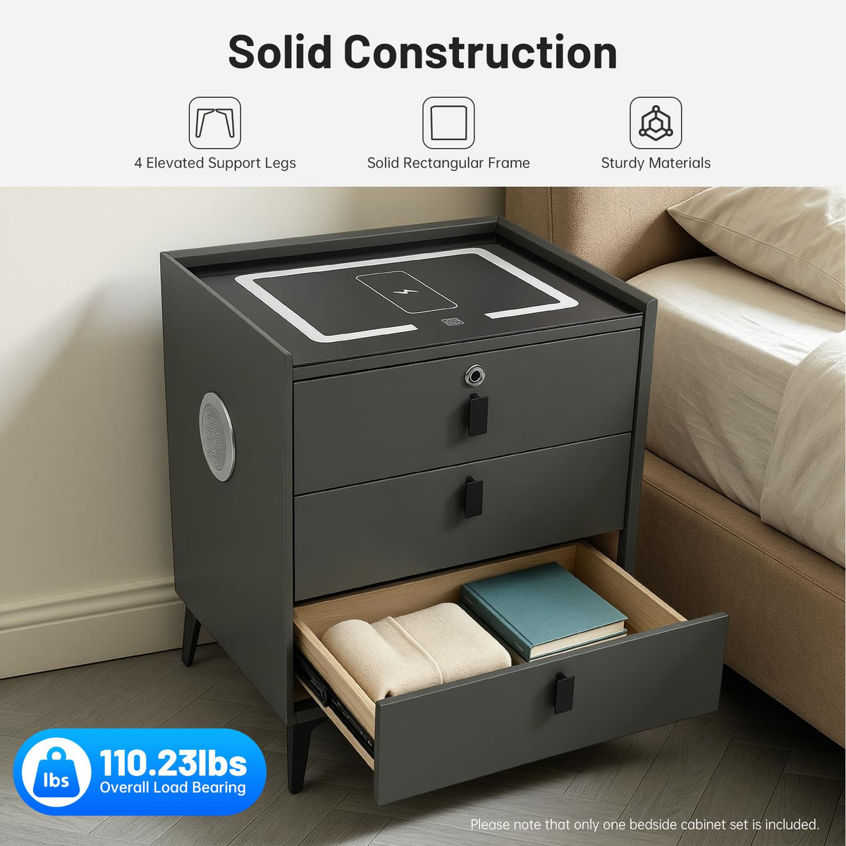Fingerprint Lock Nightstand with USB & Wireless Charging and 3 Drawers H7551