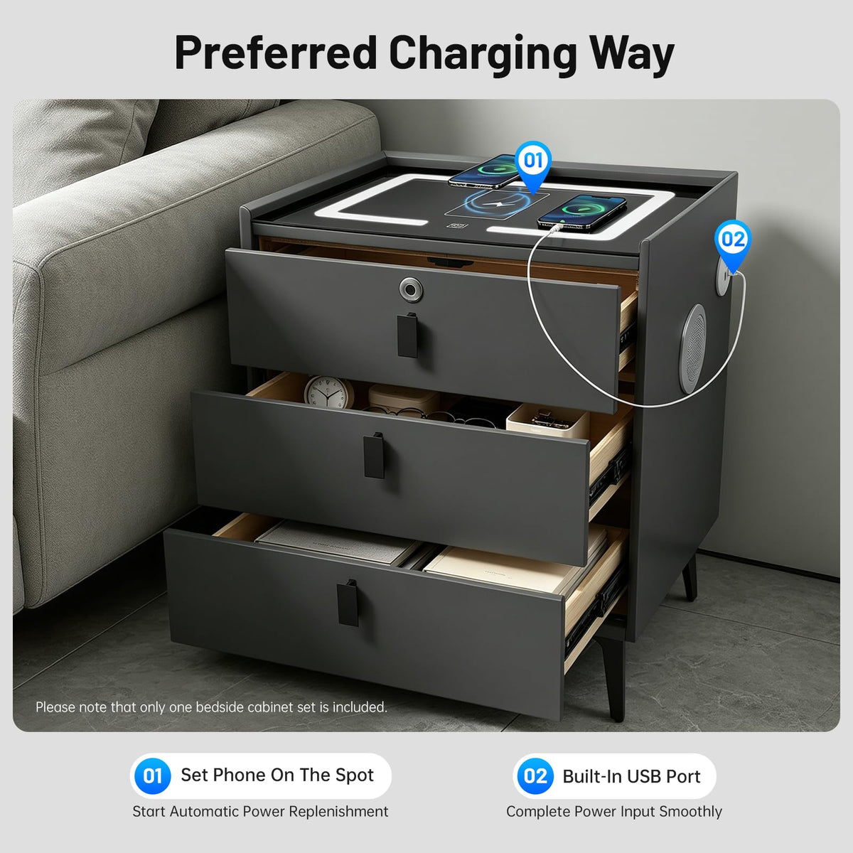 Fingerprint Lock Nightstand with USB & Wireless Charging and 3 Drawers H7551