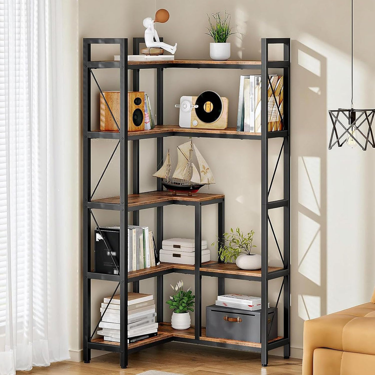 5-Tier L-Shaped Corner Bookshelf with Metal Frame B243