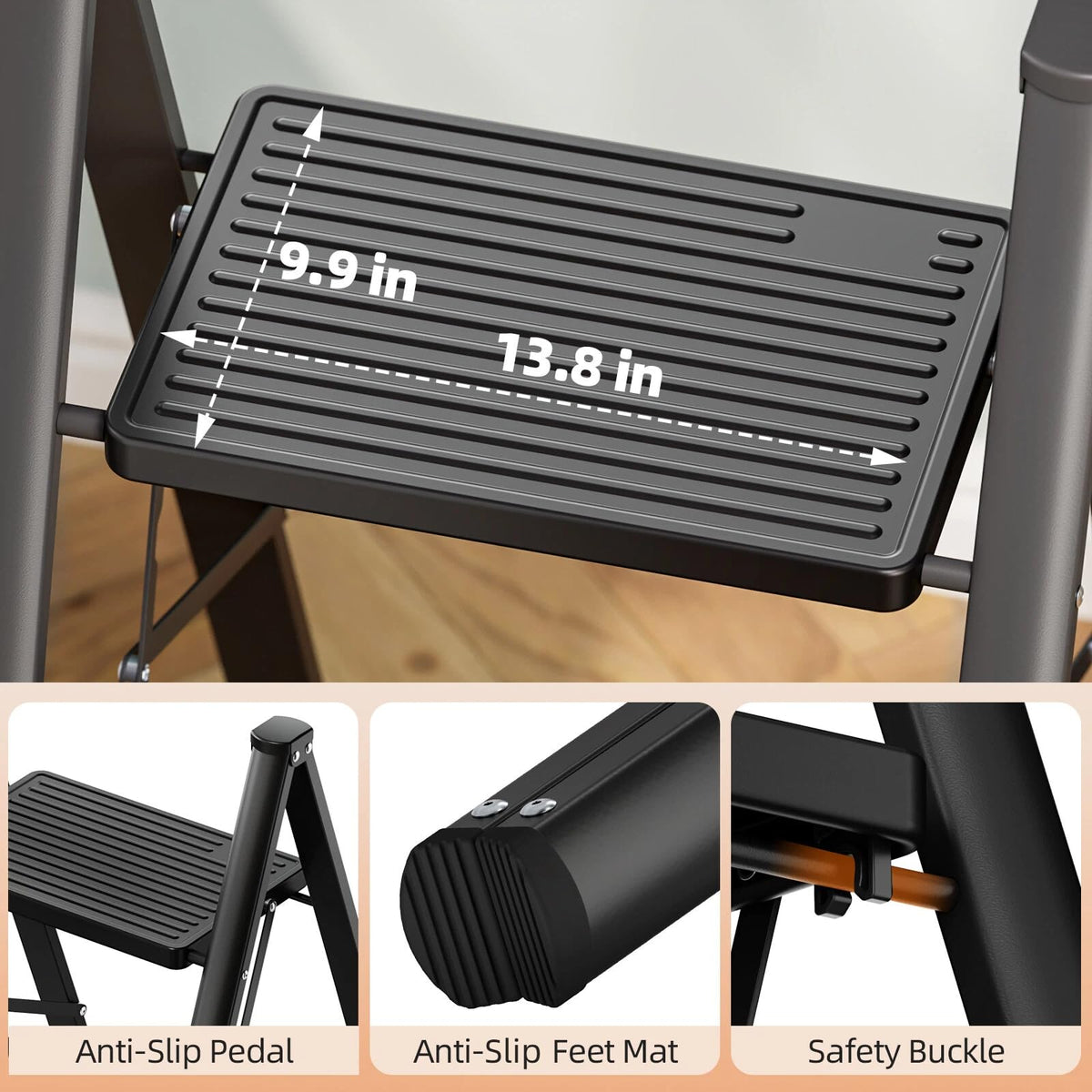 2 Step Folding Ladder with Non-Slip Wide Pedals and Safety Lock, Black O604