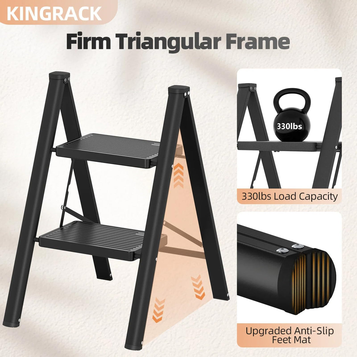 2 Step Folding Ladder with Non-Slip Wide Pedals and Safety Lock, Black O604