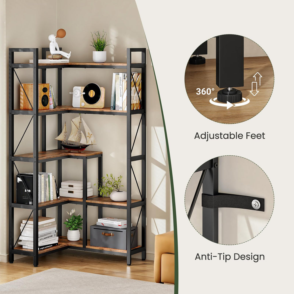 5-Tier L-Shaped Corner Bookshelf with Metal Frame B243