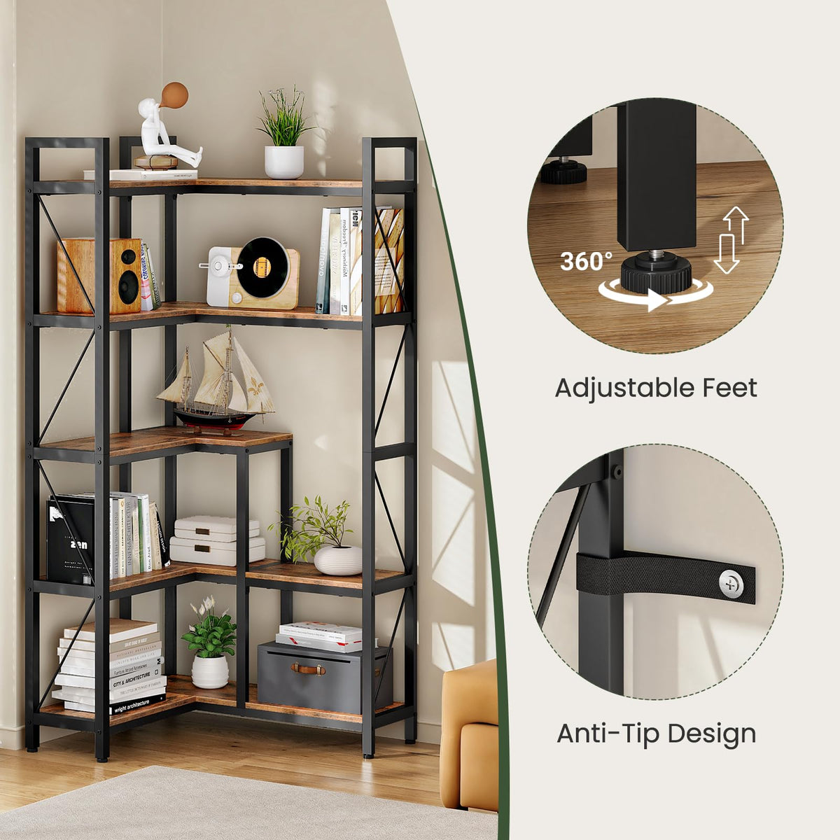 5-Tier L-Shaped Corner Bookshelf with Metal Frame B243