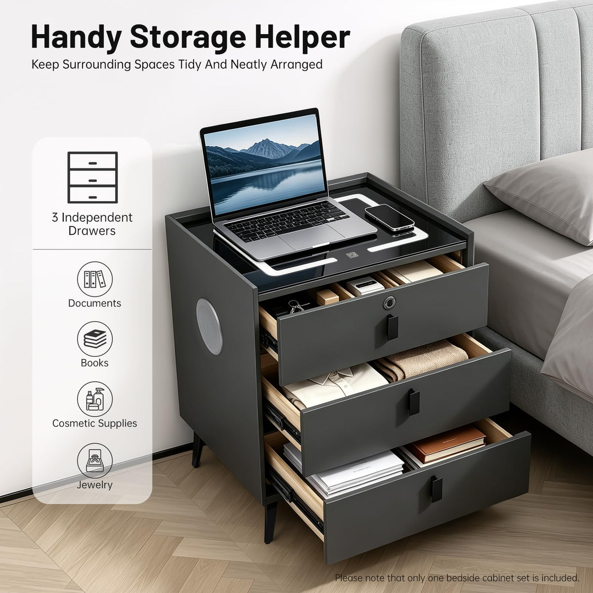 Fingerprint Lock Nightstand with USB & Wireless Charging and 3 Drawers H7551