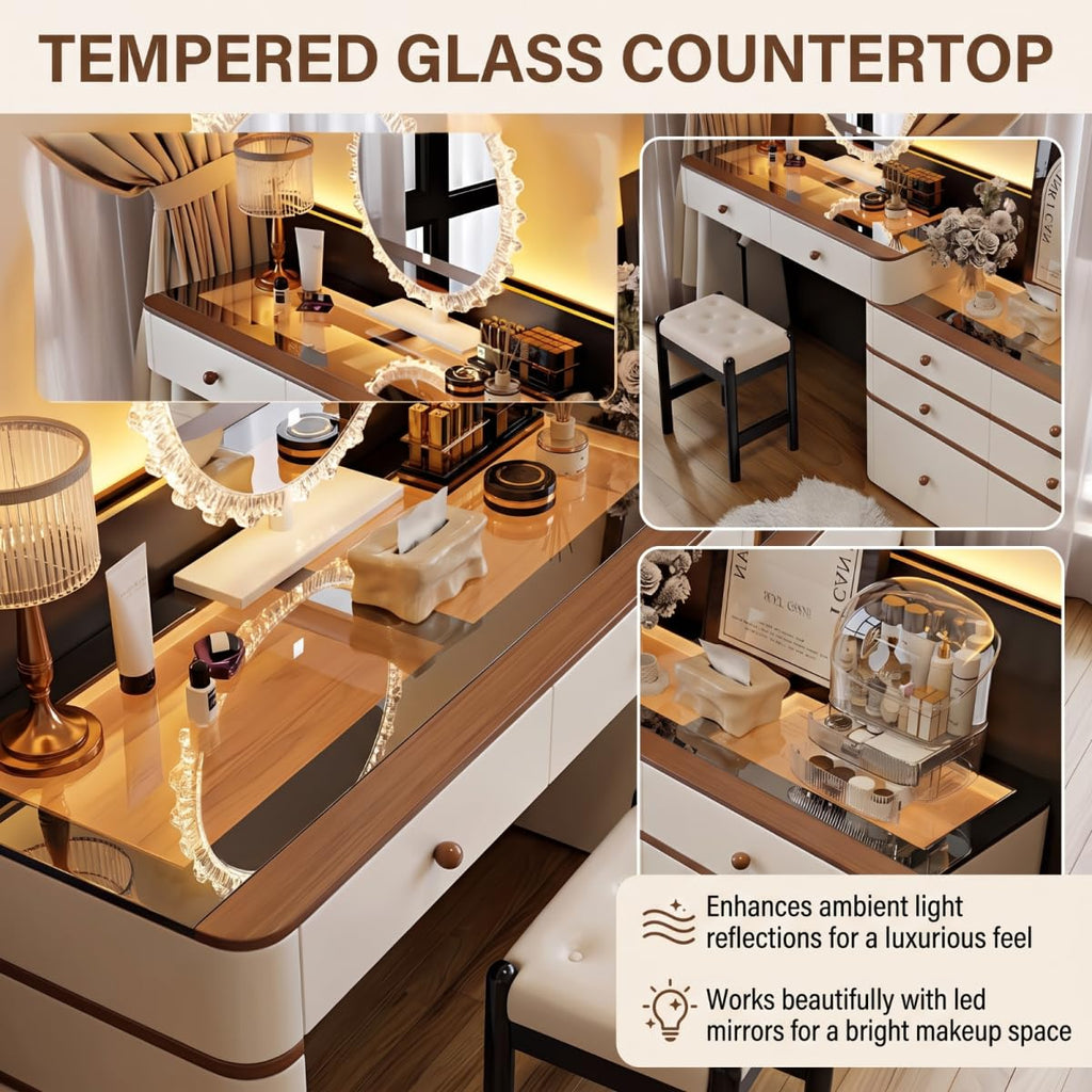 Leather Makeup Vanity with Tempered Glass Top & LED Light J245162