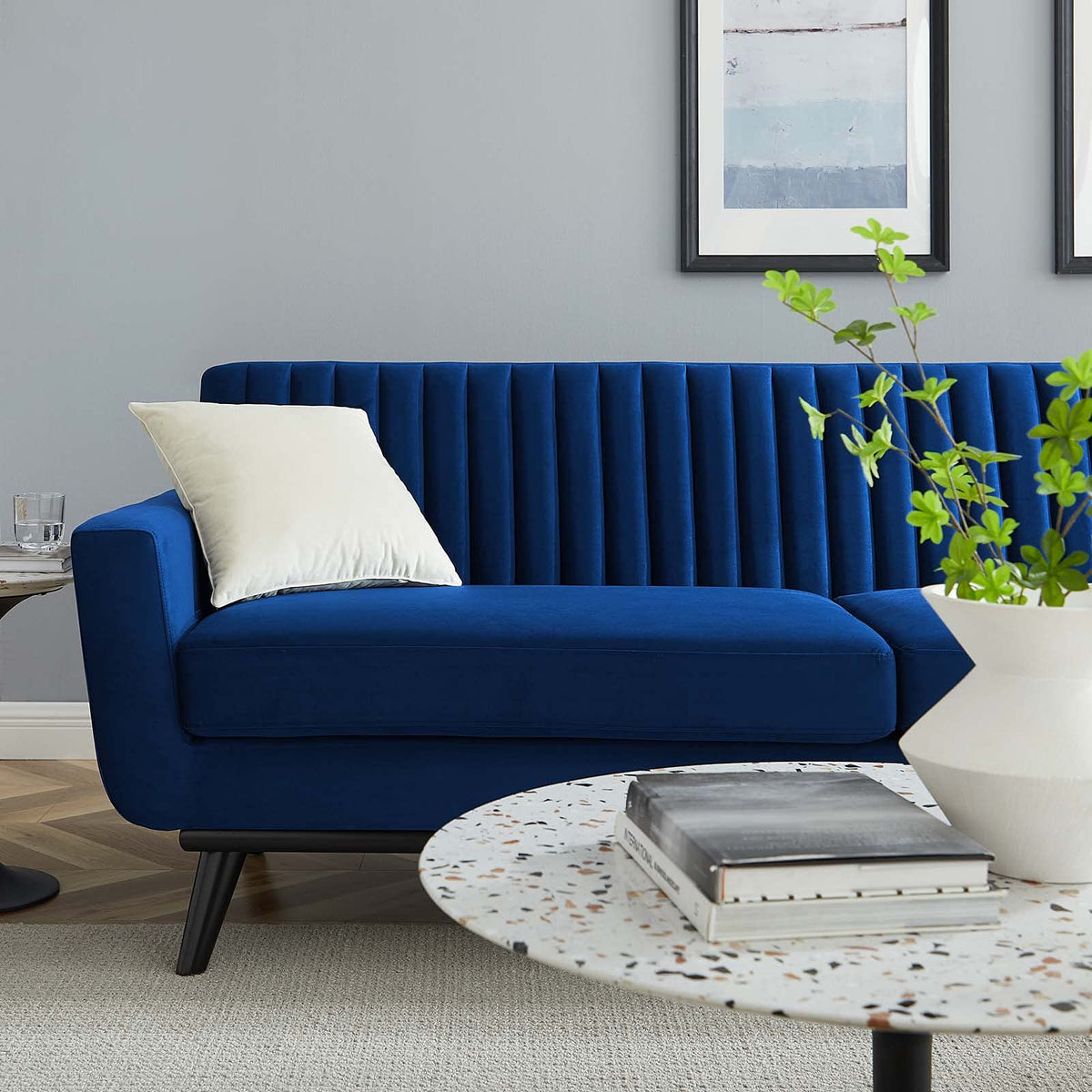 Navy Channel Tufted Performance Velvet Sofa X6479
