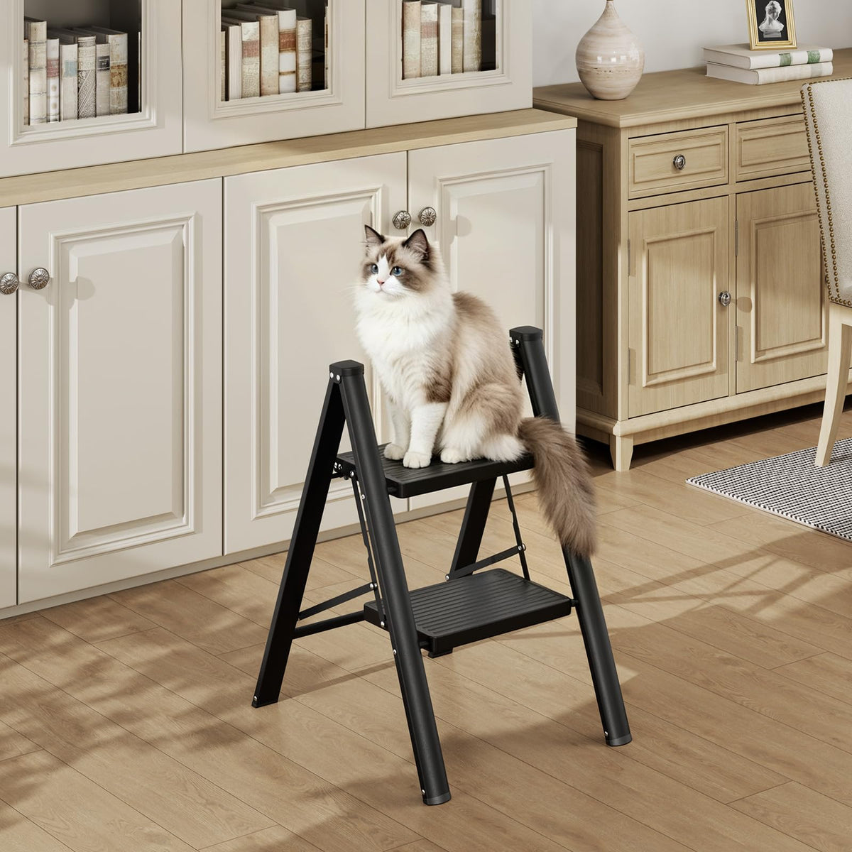 2 Step Folding Ladder with Non-Slip Wide Pedals and Safety Lock, Black O604