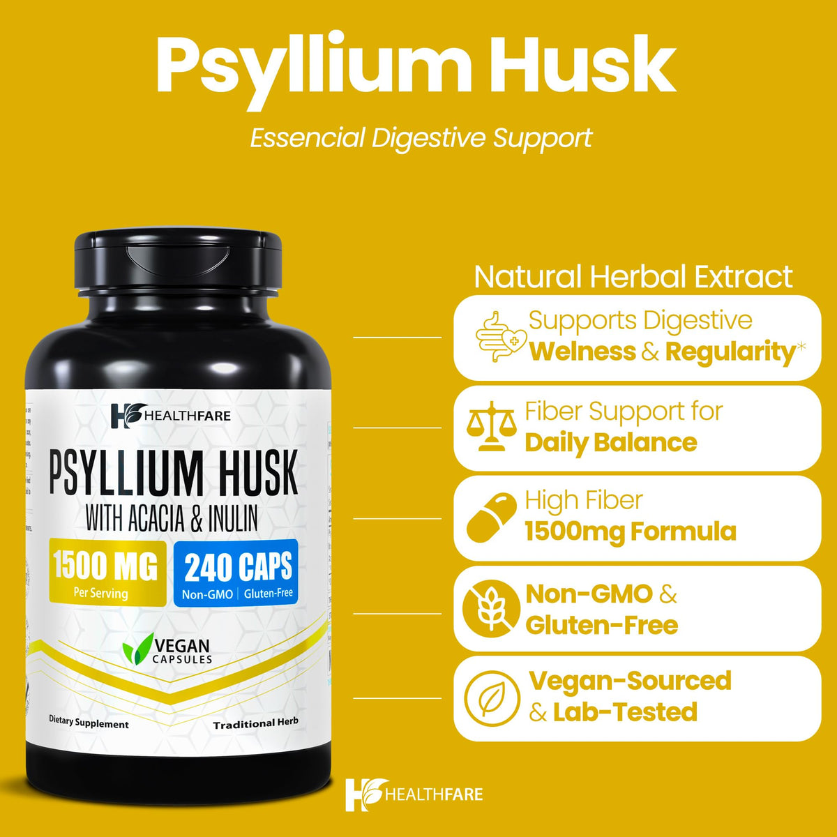 1500mg 240 Vegan Capsules Psyllium Husk Fiber Supplement K99194