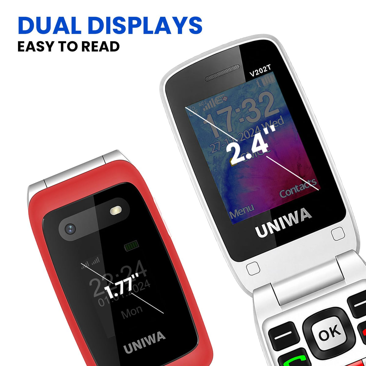 4G Flip Phone Unlocked Dual Screen 2.4"+1.77" Red H53780