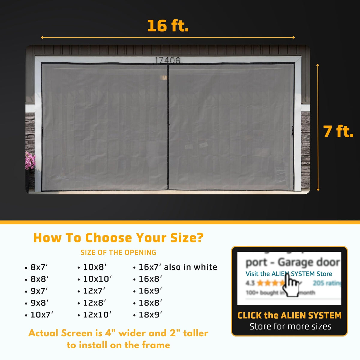 Magnetic Garage Door Screen 16x7 ft Fiberglass Mesh L305454
