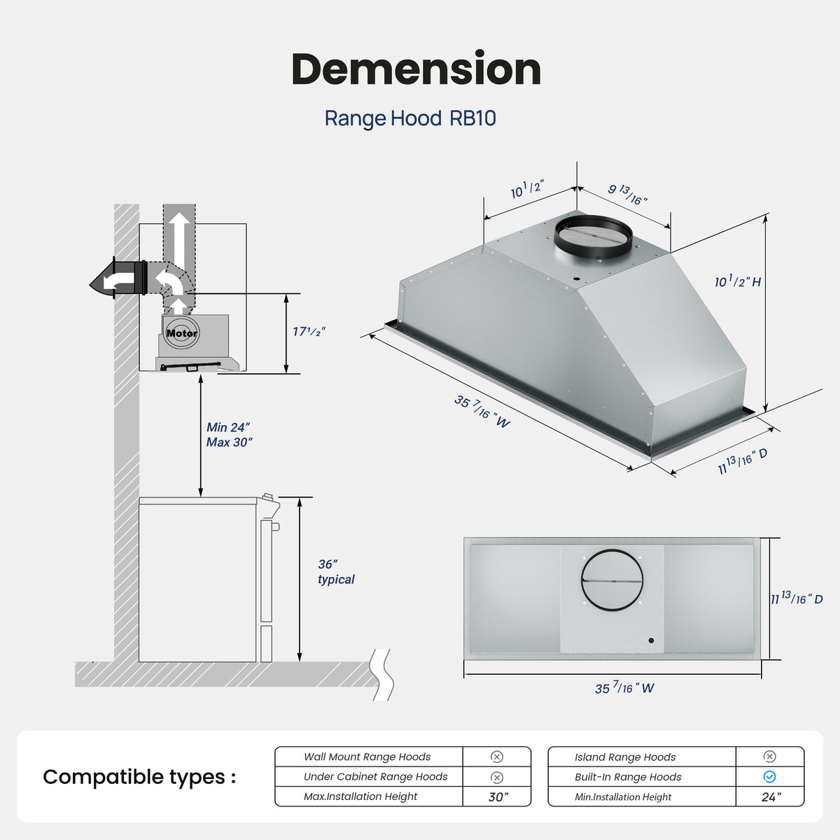 36 Inch 900 CFM Stainless Steel Range Hood Insert M497