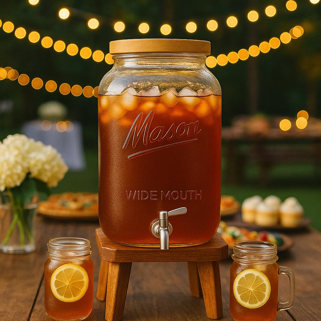 2 Gallon Glass Beverage Dispenser with Wooden Lid I463968