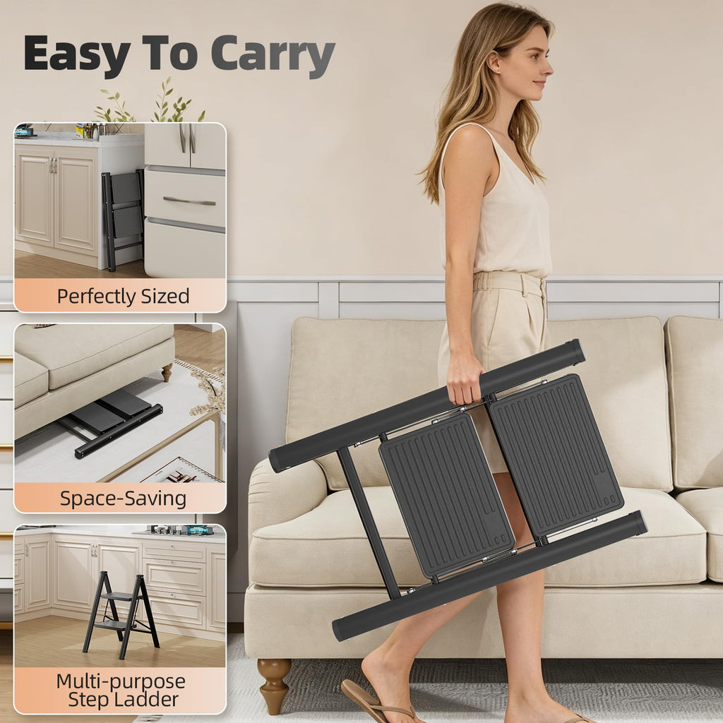 2 Step Folding Ladder with Non-Slip Wide Pedals and Safety Lock, Black O604