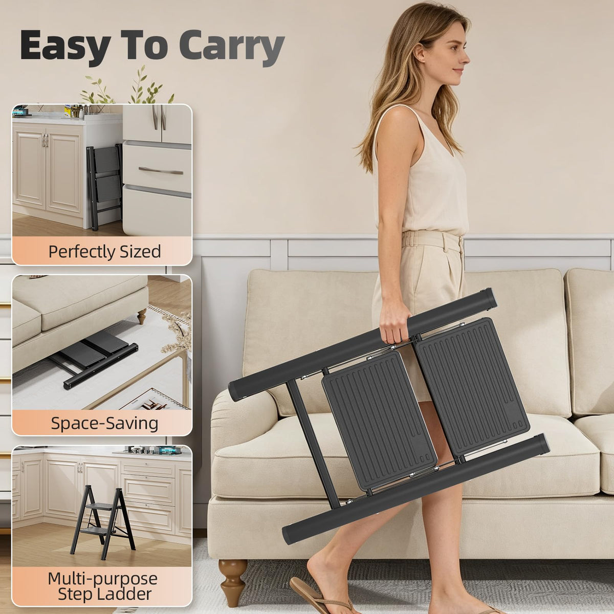 2 Step Folding Ladder with Non-Slip Wide Pedals and Safety Lock, Black O604