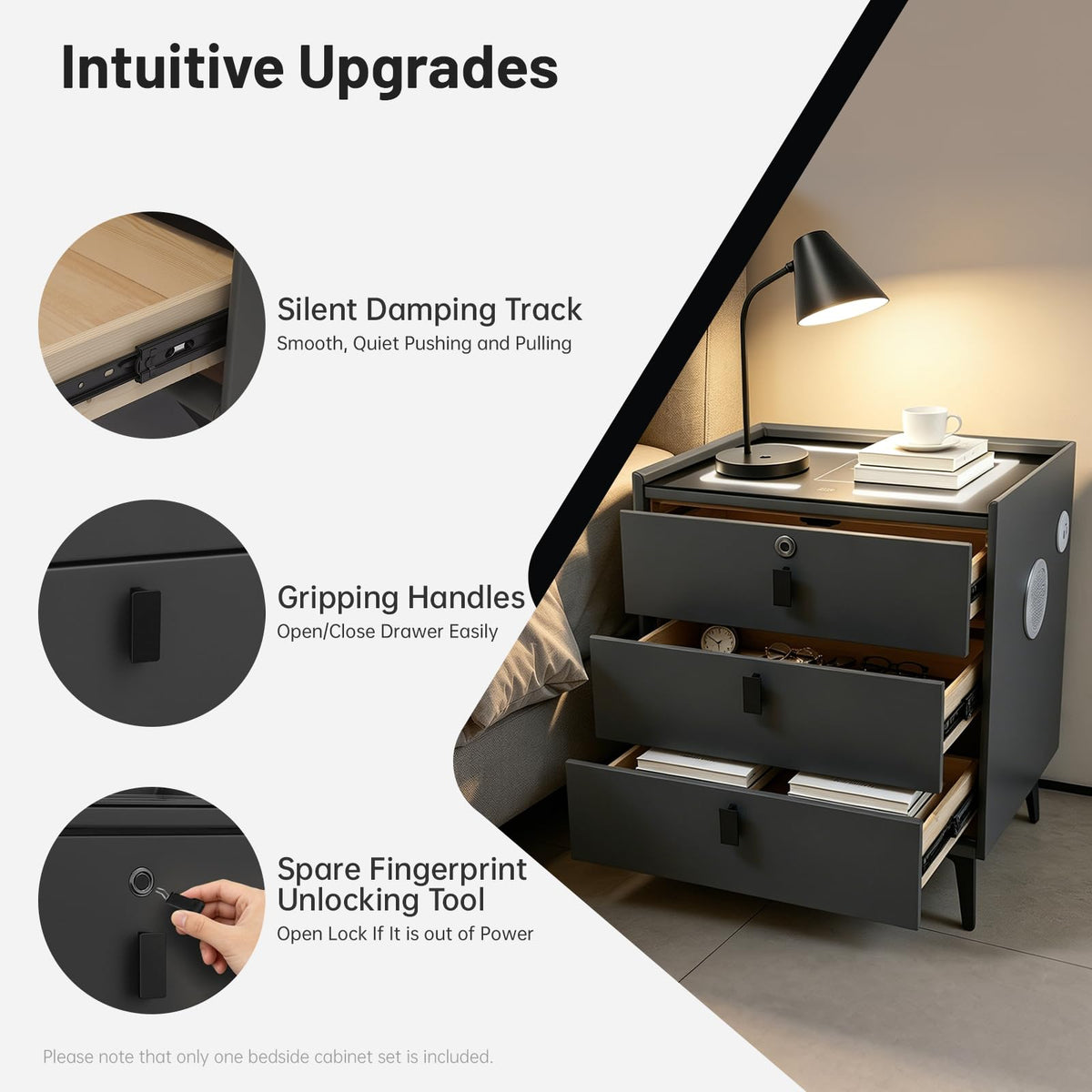 Fingerprint Lock Nightstand with USB & Wireless Charging and 3 Drawers H7551