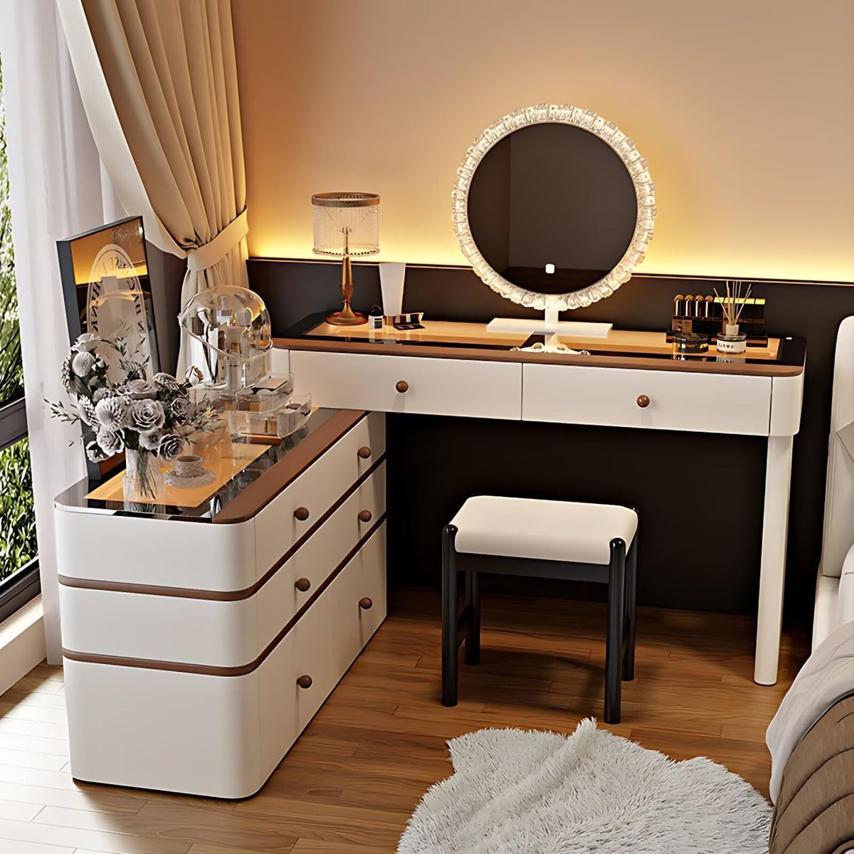 Leather Makeup Vanity with Tempered Glass Top & LED Light J245162