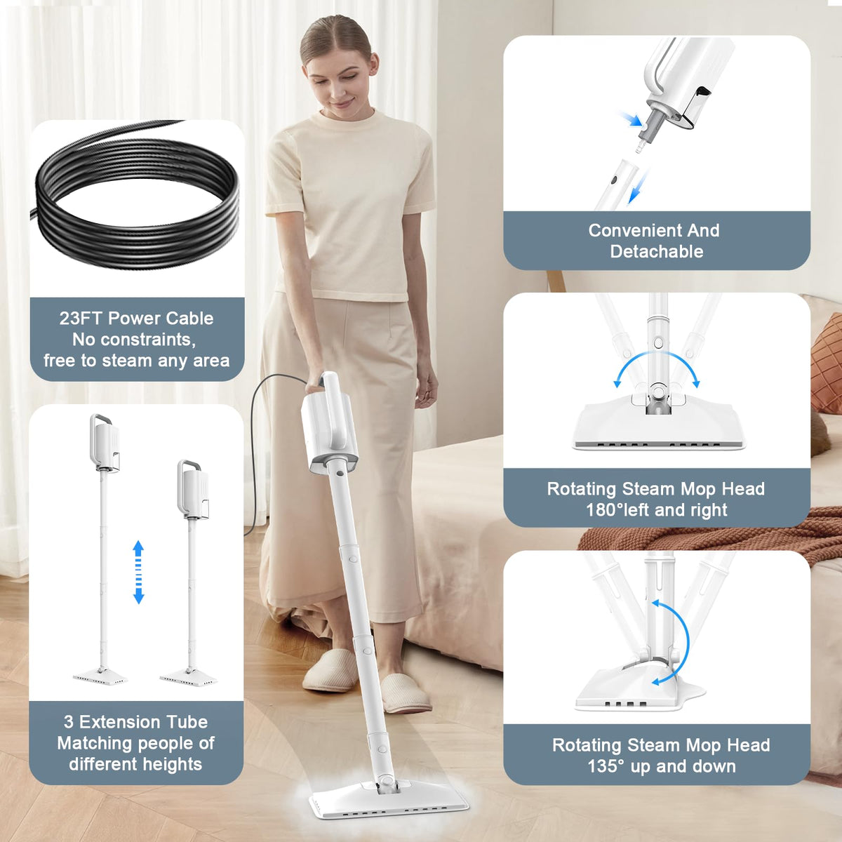 1200W Rotatable Steam Mop with 2 Modes, 400ML Tank, 23FT Cord K175483