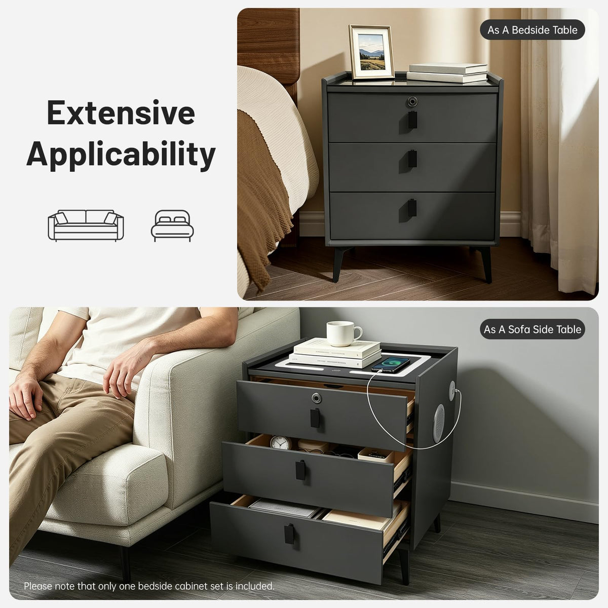 Fingerprint Lock Nightstand with USB & Wireless Charging and 3 Drawers H7551