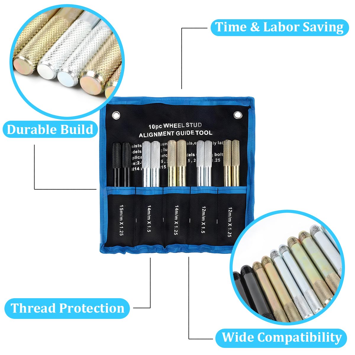10PCS Wheel Alignment Pin Guide Tool M14 x 1.5/1.25 M12 x 1.5/1.25 M15 x 1.25 I38012