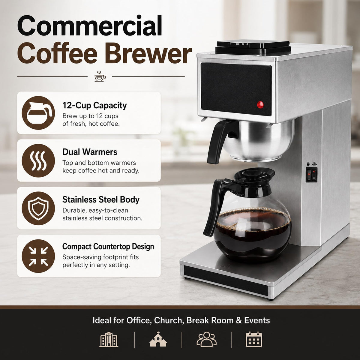 Commercial 12-Cup Stainless Steel Drip Coffee Maker with Dual Warmers D37877