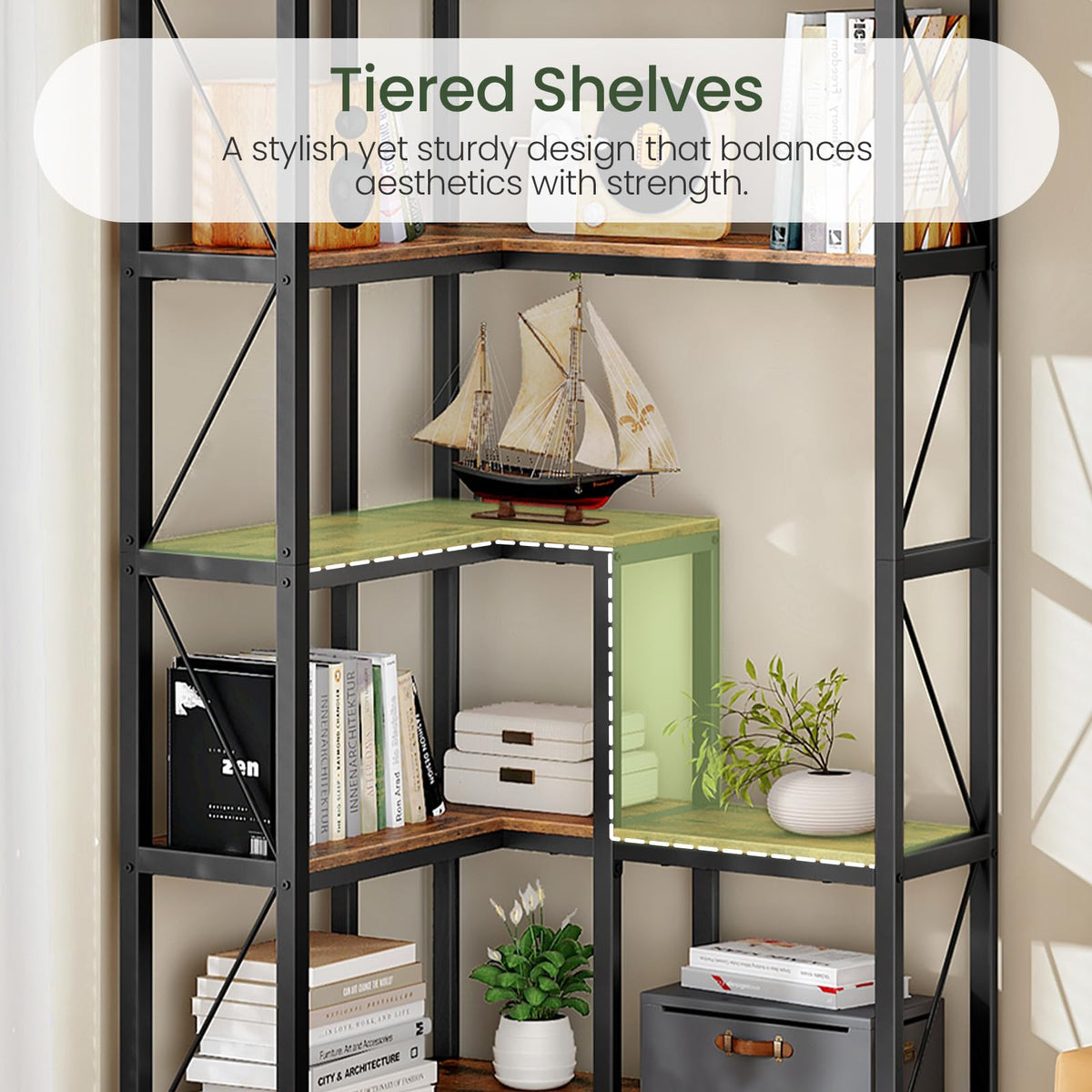 5-Tier L-Shaped Corner Bookshelf with Metal Frame B243