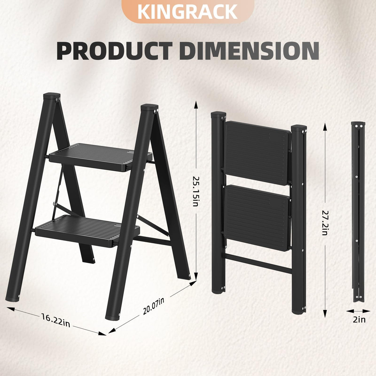2 Step Folding Ladder with Non-Slip Wide Pedals and Safety Lock, Black O604