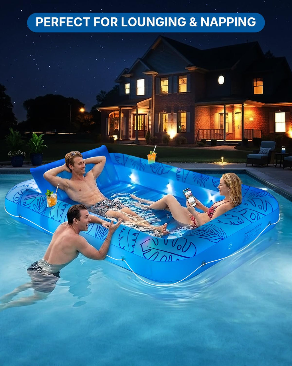 Inflatable Tanning Pool Float with Lights and Pillow T505890