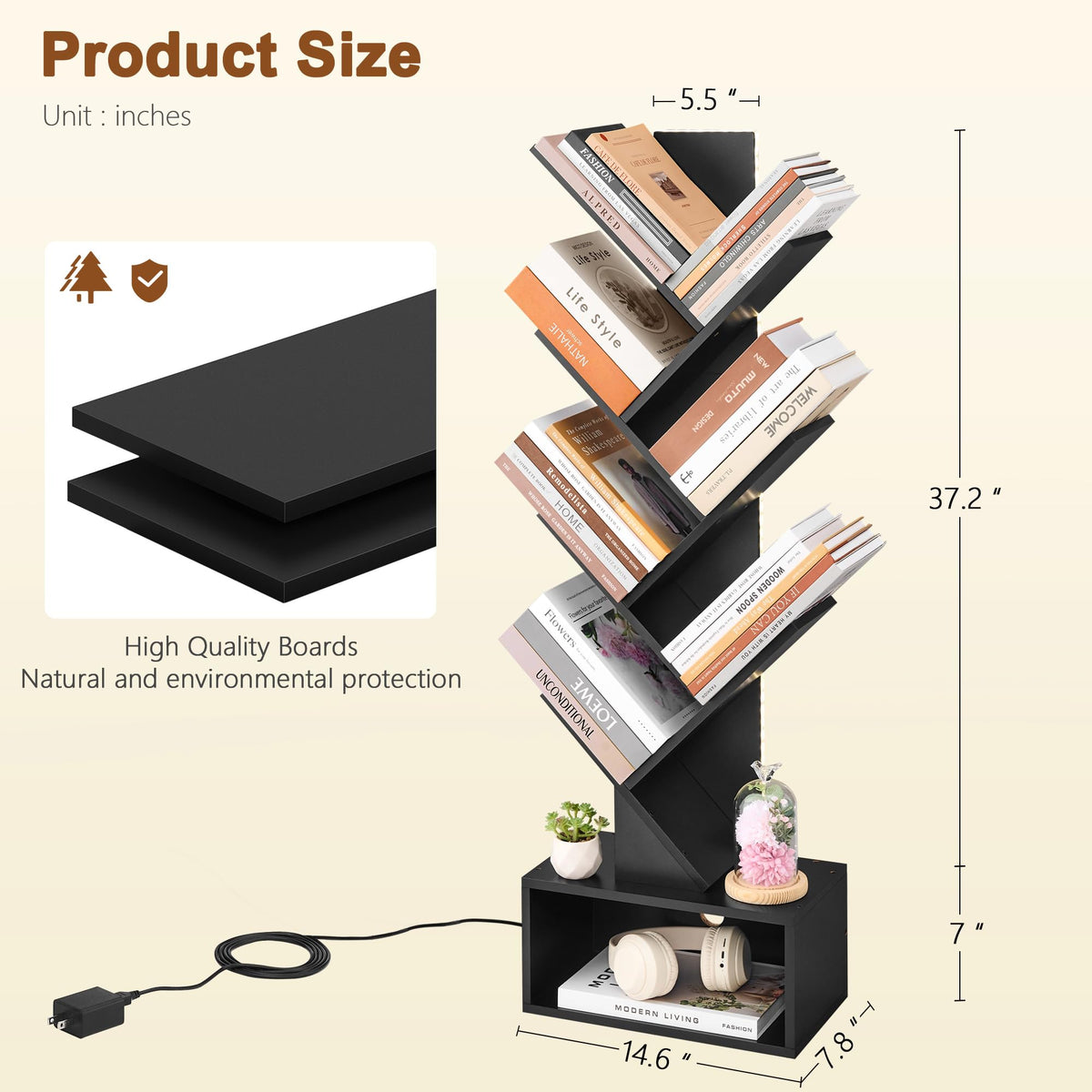 6 Tier Tree Bookshelf with Drawer and LED Lights N2219