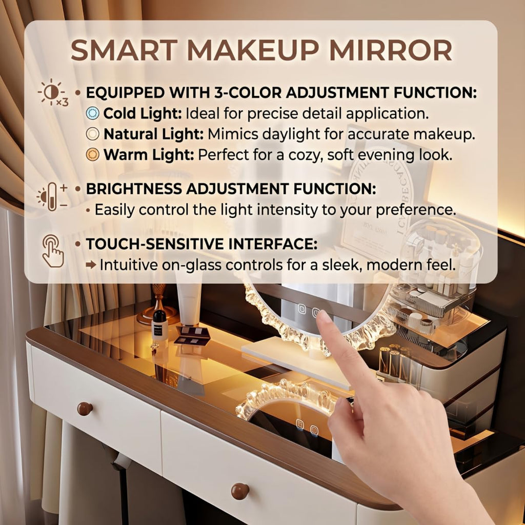 Leather Makeup Vanity with Tempered Glass Top & LED Light J245162