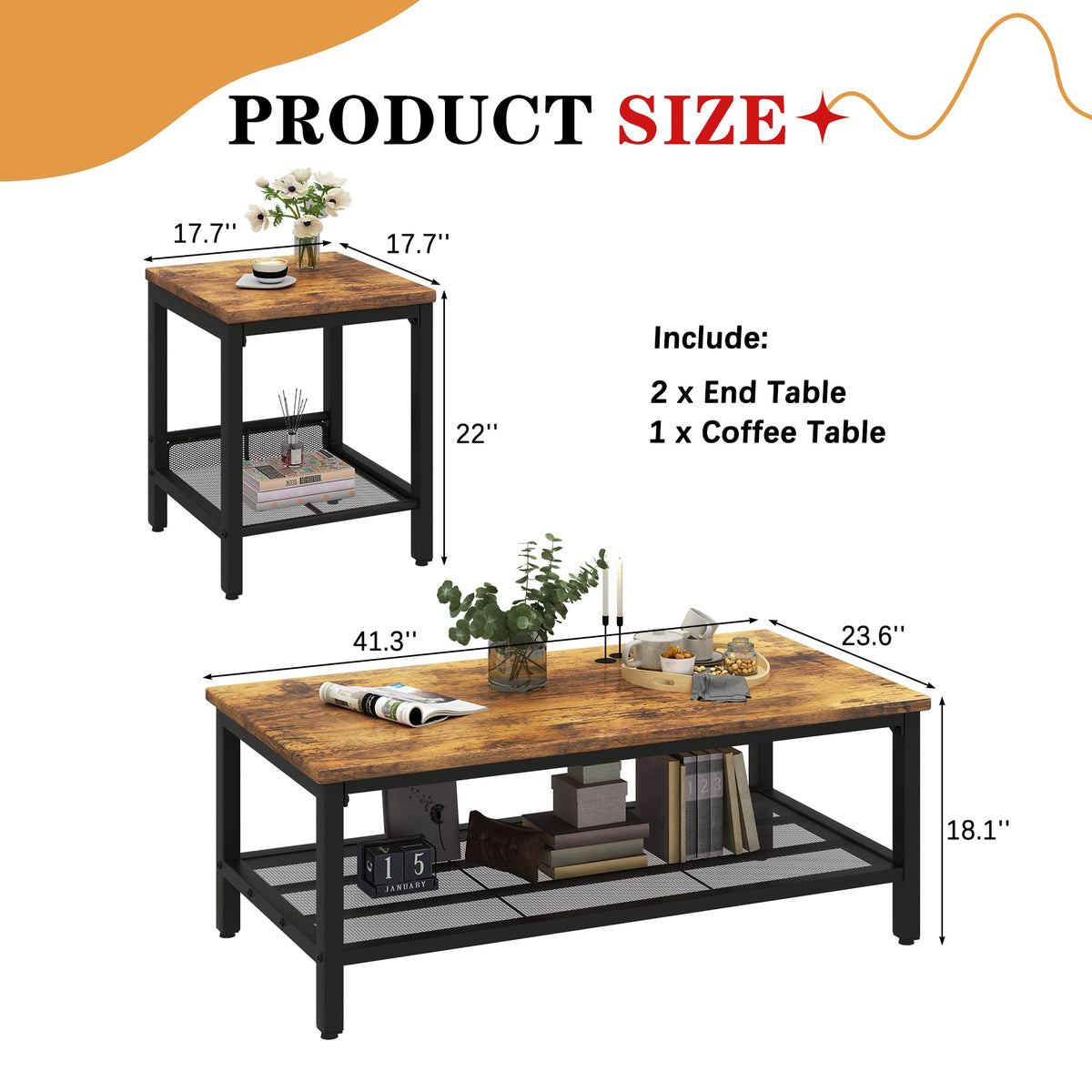 3 Pieces Coffee Table Set with 2 End Side Tables C83491