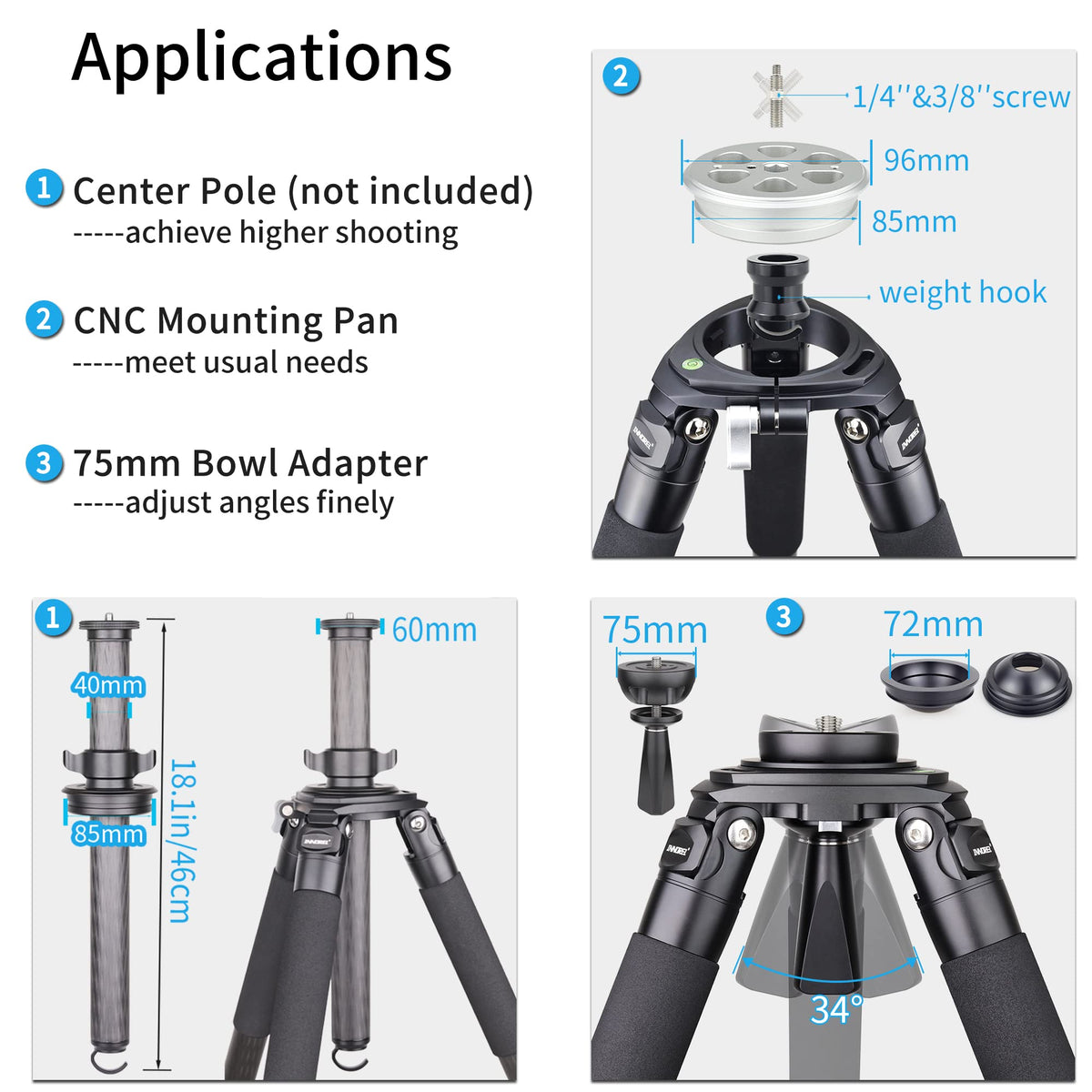 Carbon Fiber Heavy Duty Tripod with 75mm Bowl Adapter 63 inch Black N680273