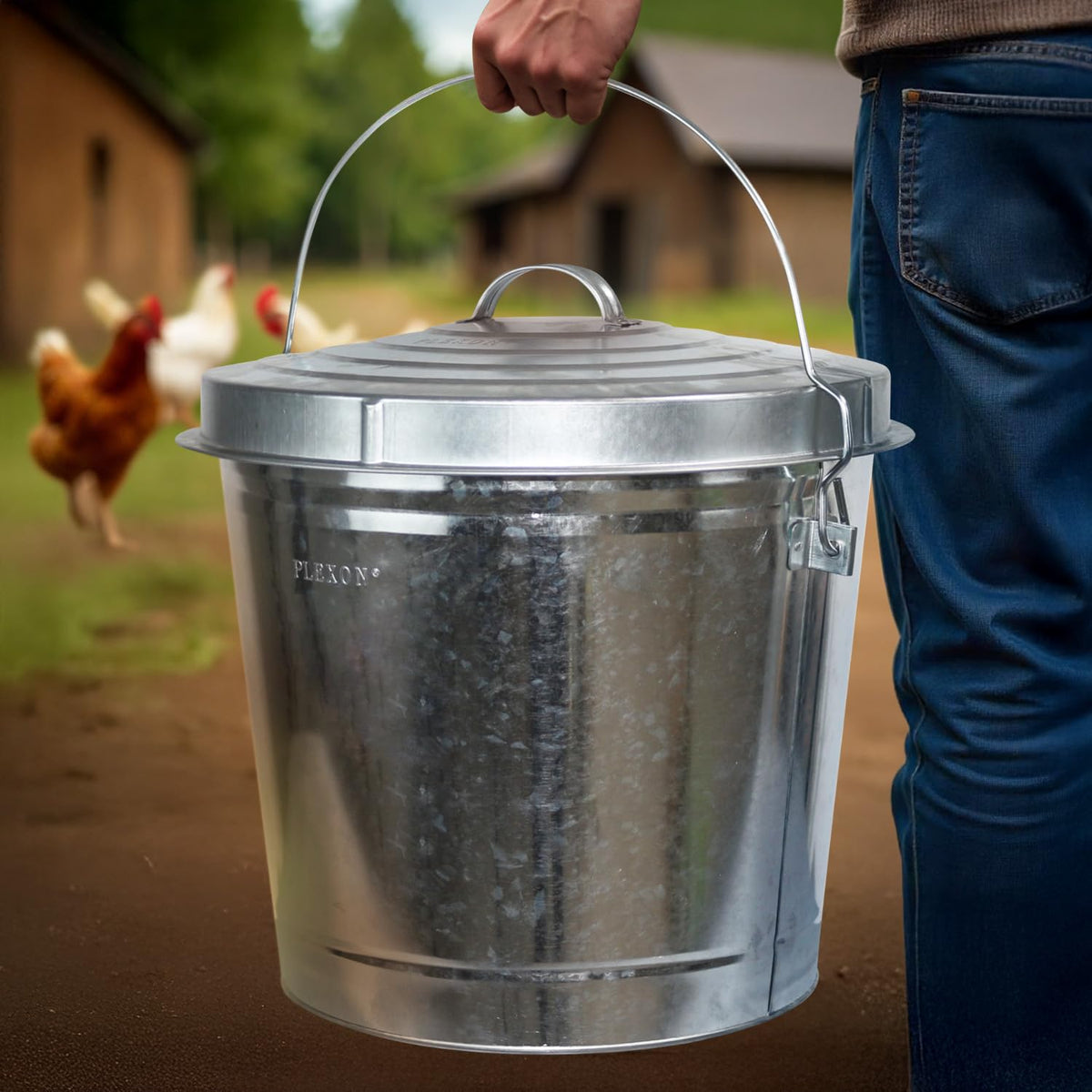 6.6 Lb Stainless Steel Hanging Poultry Feeder with 10 Gallon Storage Bucket B2255