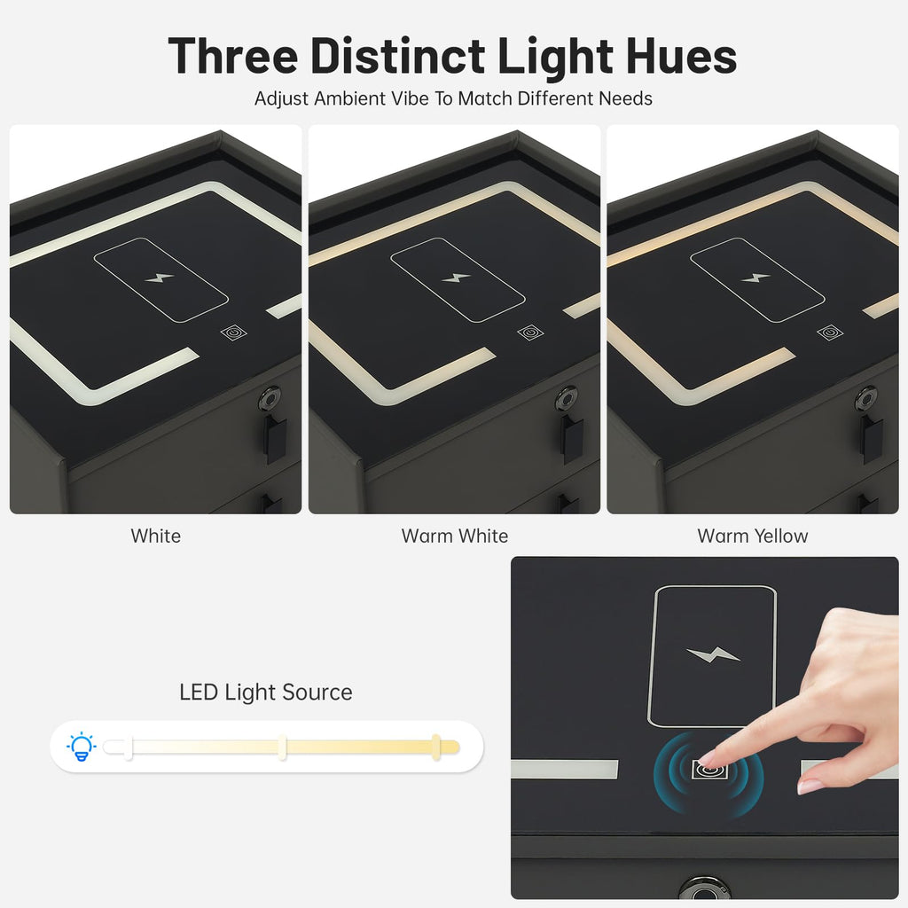 Fingerprint Lock Nightstand with USB & Wireless Charging and 3 Drawers H7551