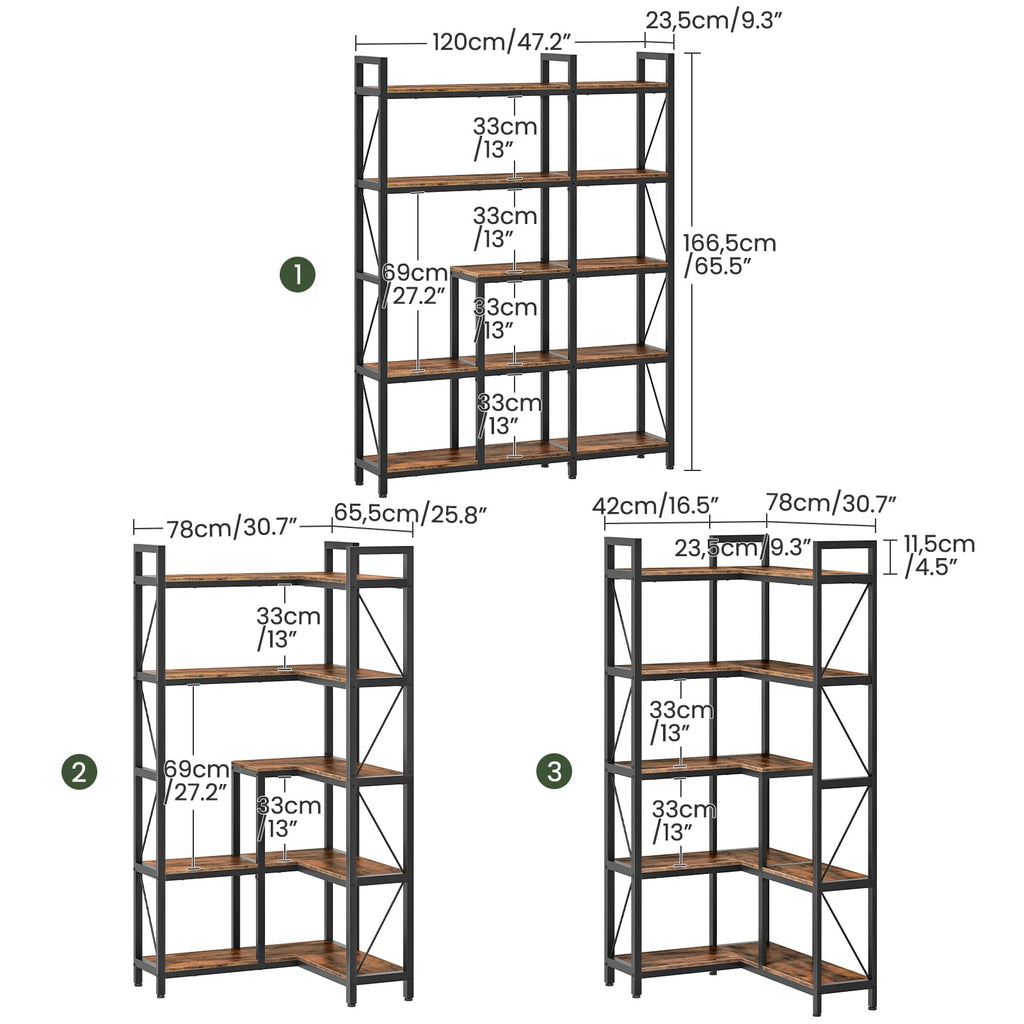 5-Tier L-Shaped Corner Bookshelf with Metal Frame B243
