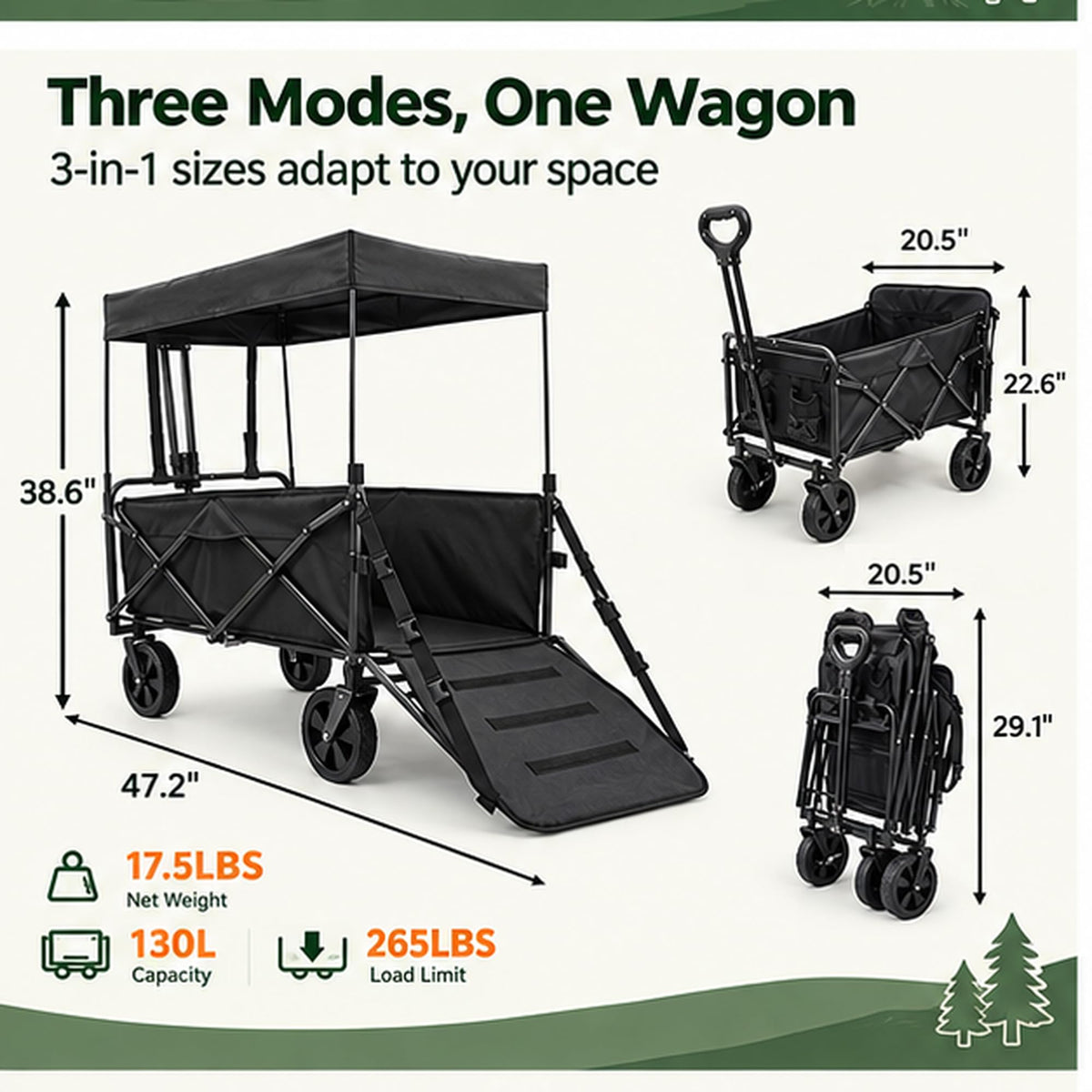 Large Dog Wagon Cart with Canopy, All-Terrain Wheels, Ramp Tailgate G209106