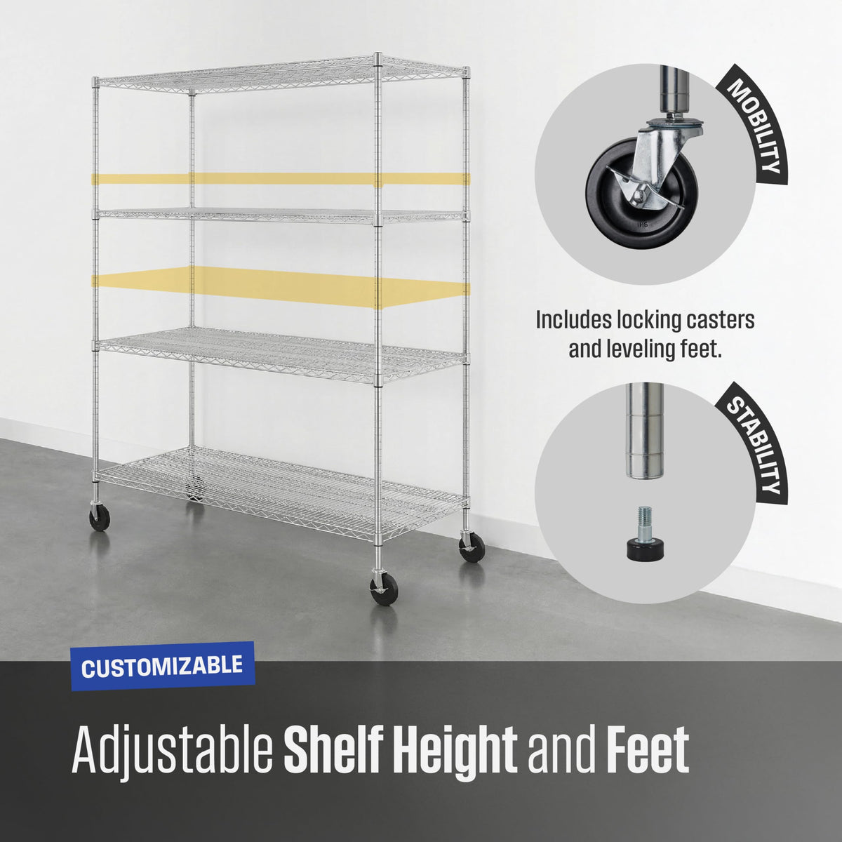 4-Tier Heavy Duty Steel Wire Rack with Wheels J935