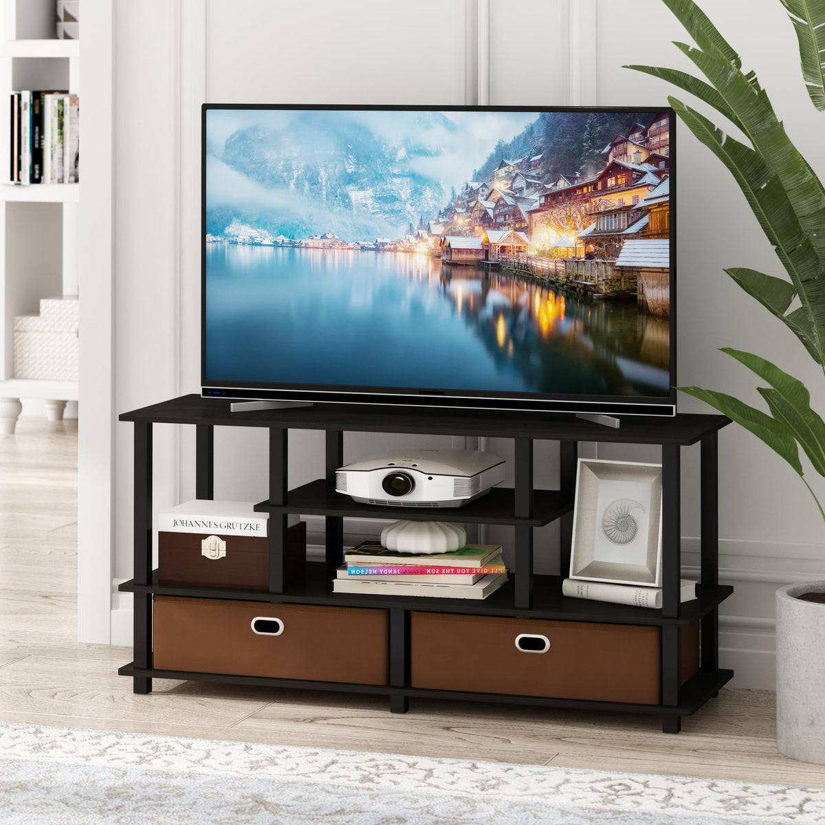 Black Espresso 4-Tier TV Stand with 2 Storage Bins X682766