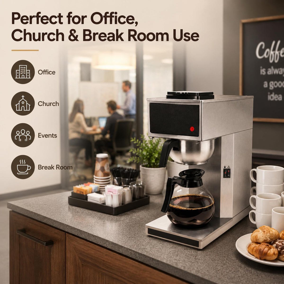 Commercial 12-Cup Stainless Steel Drip Coffee Maker with Dual Warmers D37877