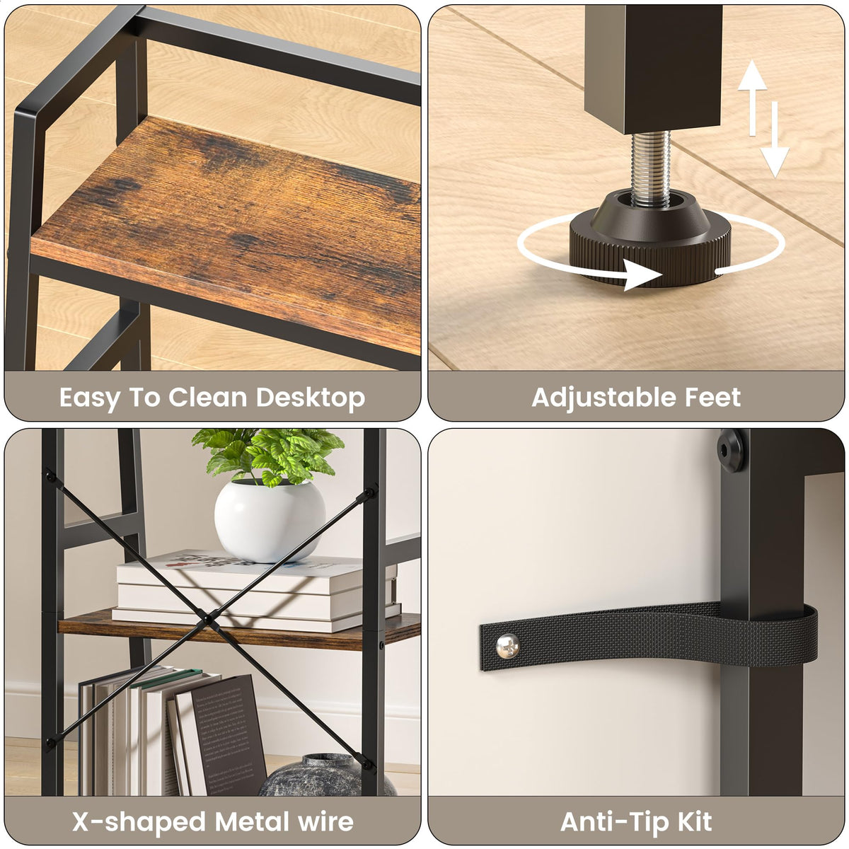 4-Tier Industrial Bookshelf with Steel Frame I774