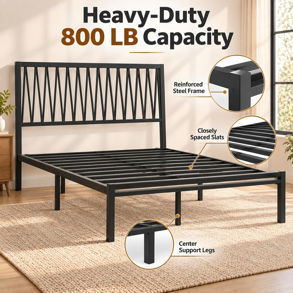 Black Metal Queen Bed Frame with Geometric Headboard H79191