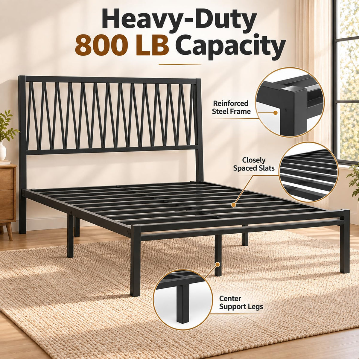 Black Metal Queen Bed Frame with Geometric Headboard H79191